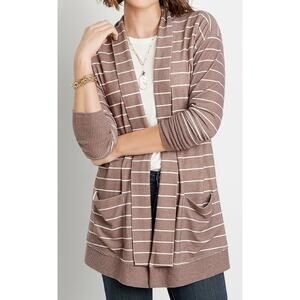 Maurices Cocoa Striped Cardigan Womens Size 2X Open Knit Pocket Topper Layer